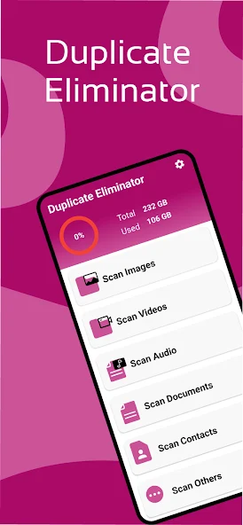 Duplicate Eliminator home screen with file scanning categories